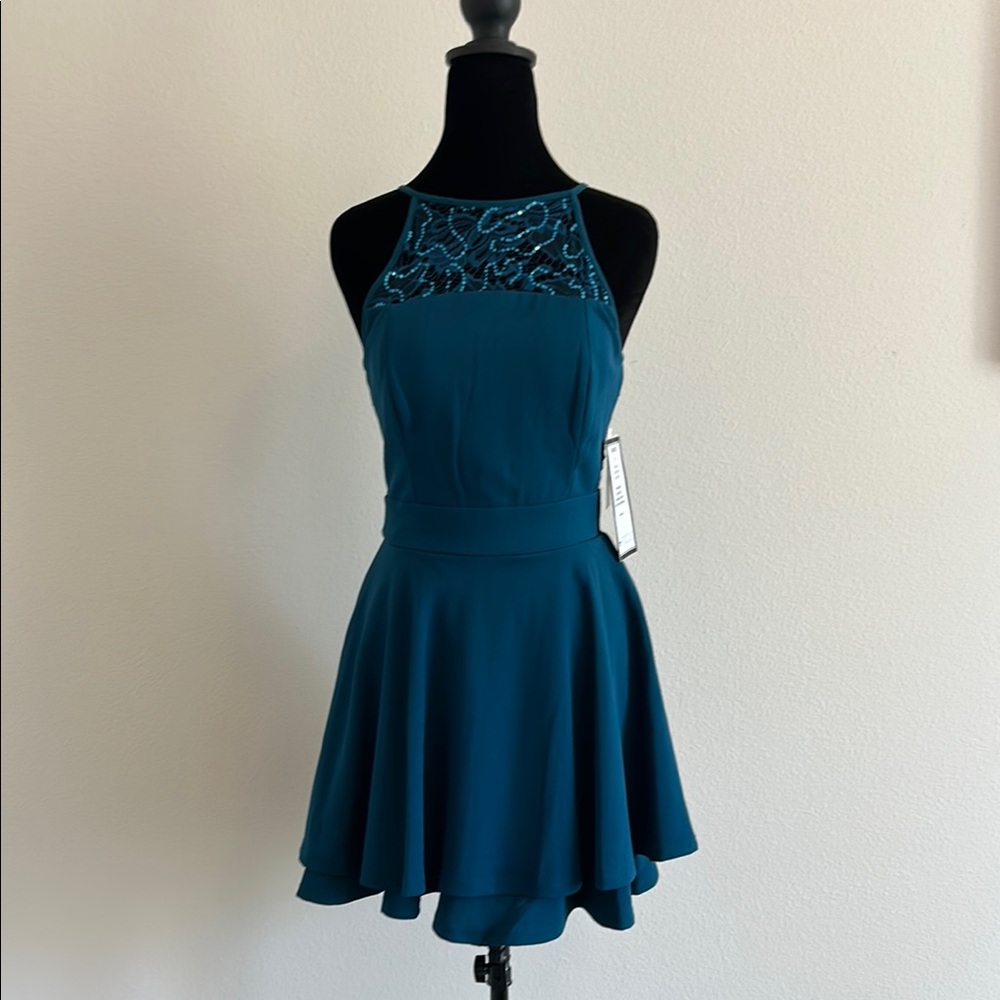Elegant Teal Dress with Lace Detail